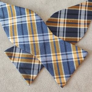 Cremieux bow tie blue orange 100% silk plaid self formal classic academia new$35